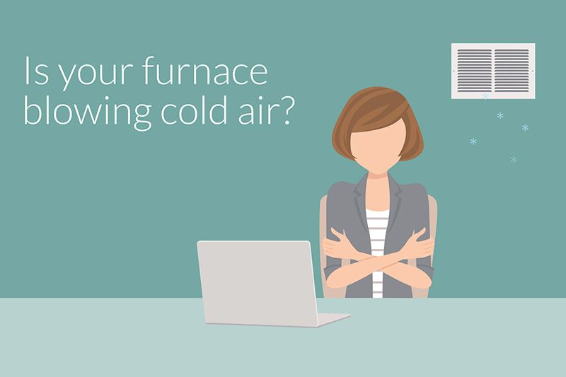 Video - Why Is My Furnace Blowing Cold Air? Image is an animated title page on a seafoam green background with a women sitting at a table and rubbing her arms to keep warm.